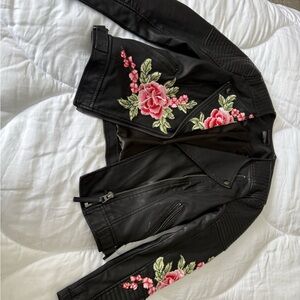 Topshop Black Vegan Leather Jacket with Pink Floral Embroidery